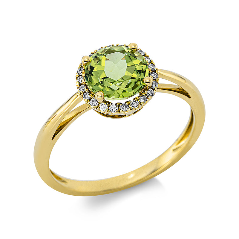 Ring mit Peridot  aus 750/-18 Karat Gelbgold mit 22 Diamanten 0