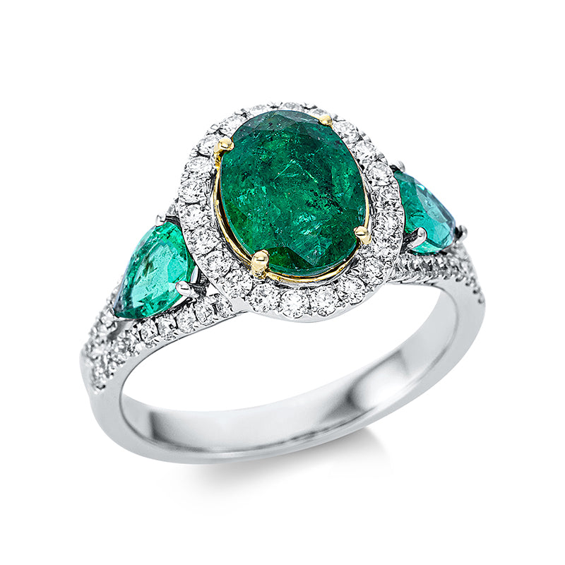 Ring mit Smaragd  aus 750/-18 Karat Weißgold / Gelbgold mit 58 Diamanten 0