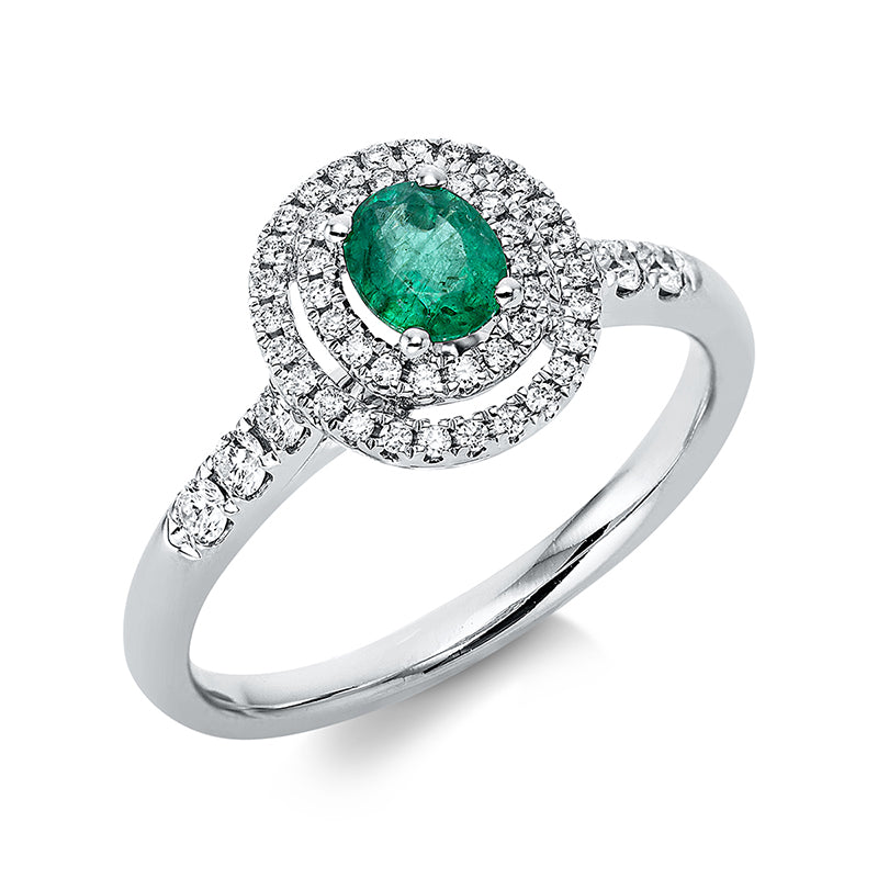 Ring mit Smaragd  aus 750/-18 Karat Weißgold mit 50 Diamanten 0