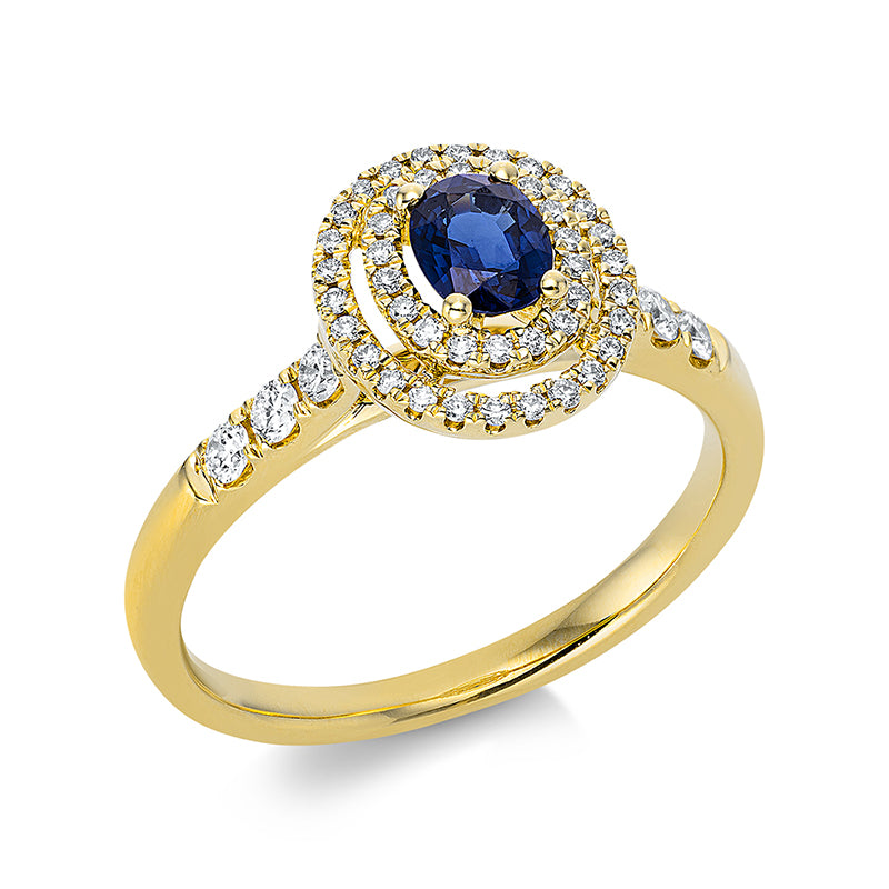 Ring mit Saphir  aus 750/-18 Karat Gelbgold mit 50 Diamanten 0