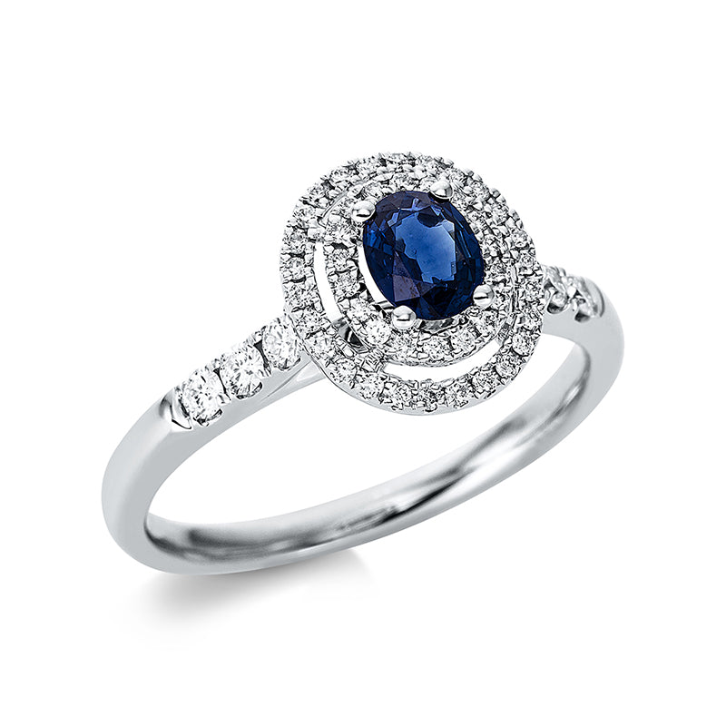 Ring mit Saphir  aus 750/-18 Karat Weißgold mit 50 Diamanten 0
