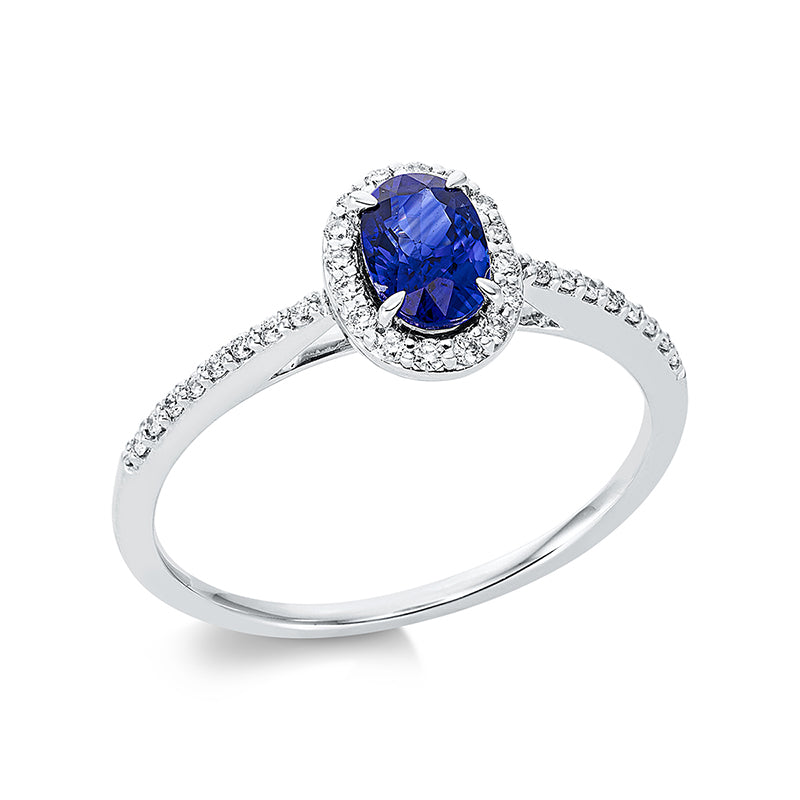 Ring mit Saphir  aus 750/-18 Karat Weißgold mit 32 Diamanten 0