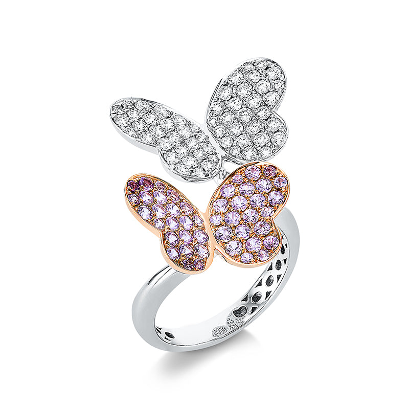 Ring mit Saphir  aus 750/-18 Karat Weißgold / Rotgold mit 56 Diamanten 0