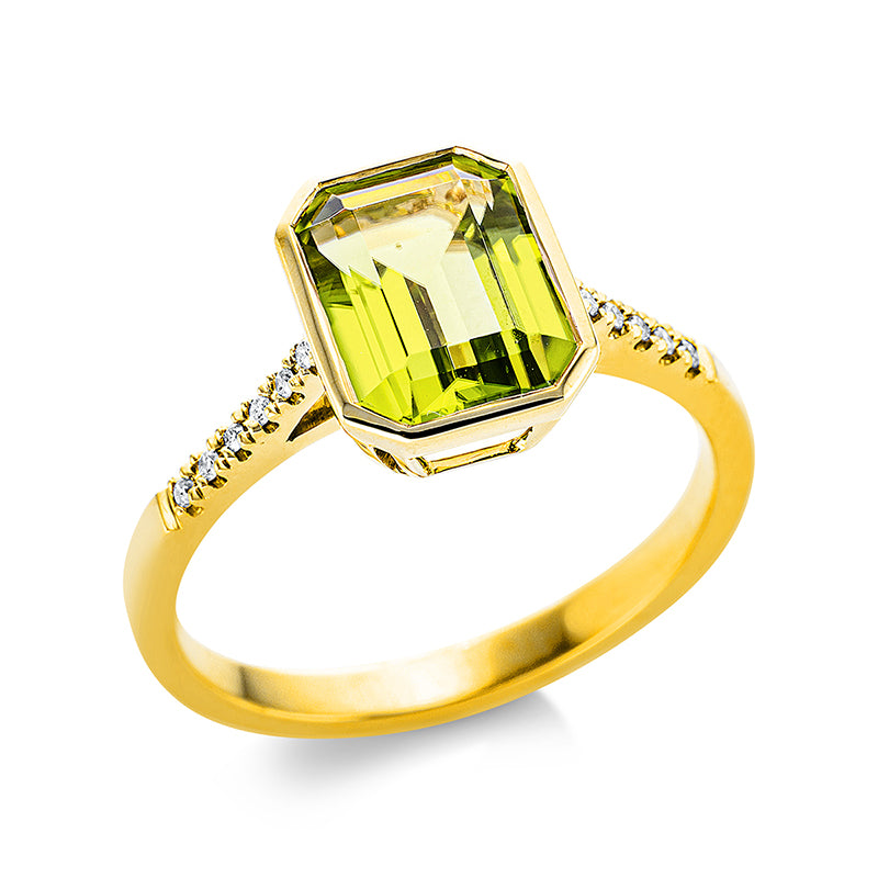 Ring mit Peridot  aus 750/-18 Karat Gelbgold mit 12 Diamanten 0