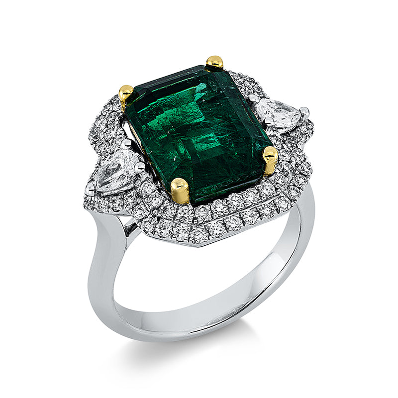 Ring mit Smaragd  aus 750/-18 Karat Weißgold / Gelbgold mit 70 Diamanten 0