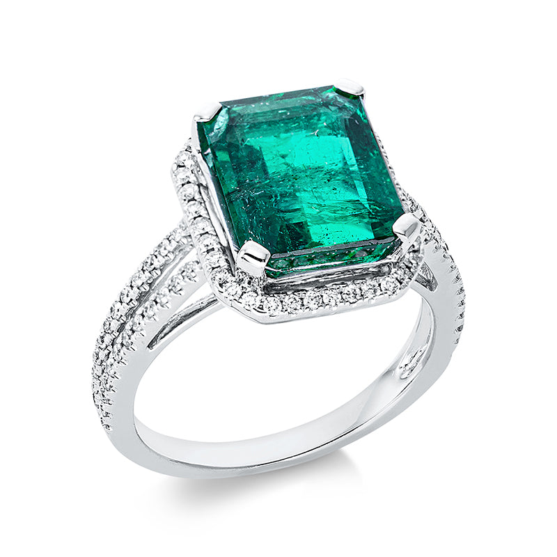 Ring mit Smaragd  aus 750/-18 Karat Weißgold / Gelbgold mit 84 Diamanten 0