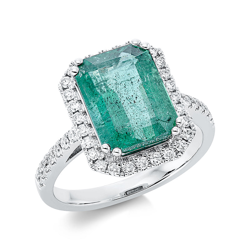 Ring mit Smaragd  aus 750/-18 Karat Weißgold mit 42 Diamanten 0