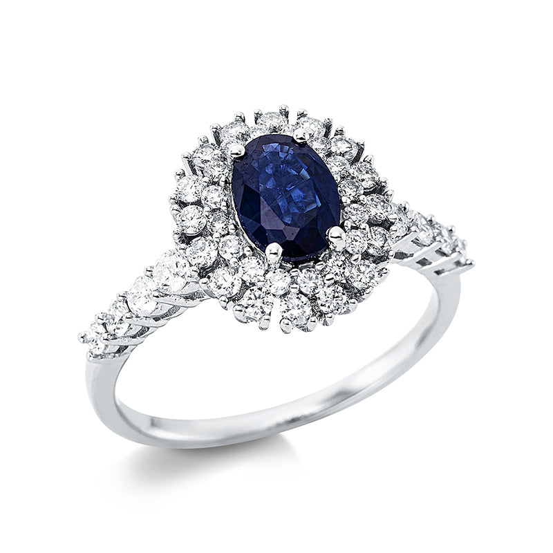 Ring mit Saphir  aus 750/-18 Karat Weißgold mit 40 Diamanten 0