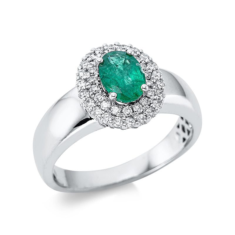 Ring mit Smaragd  aus 750/-18 Karat Weißgold mit 40 Diamanten 0