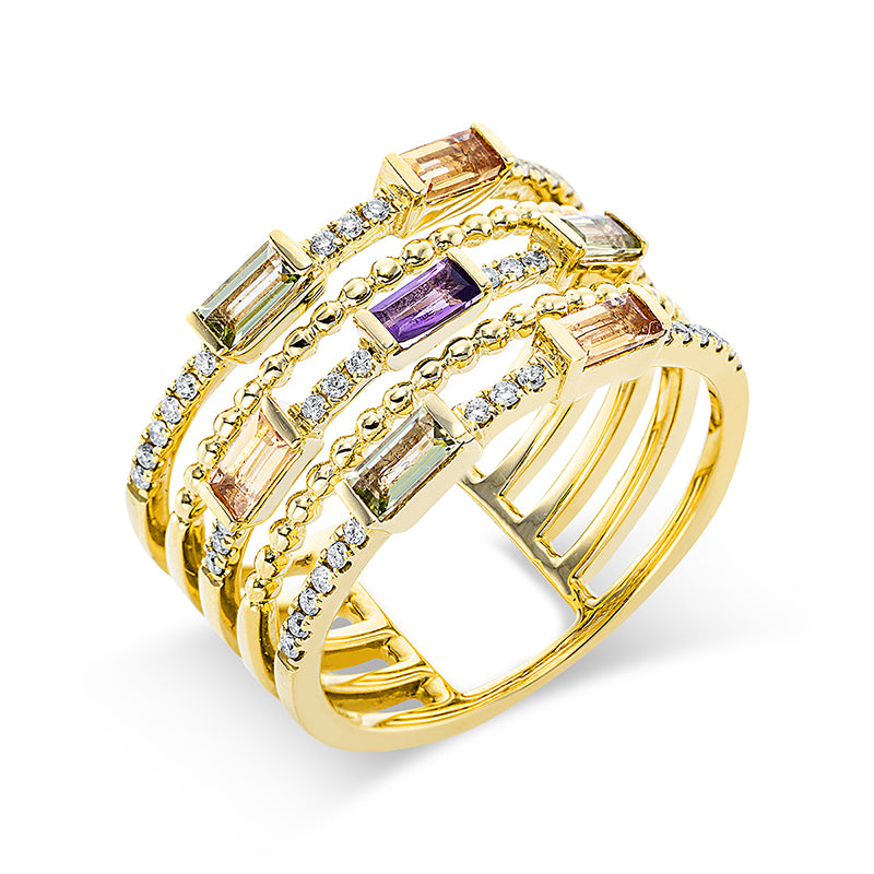 Ring mit Farbstein  aus 750/-18 Karat Gelbgold mit 42 Diamanten 0