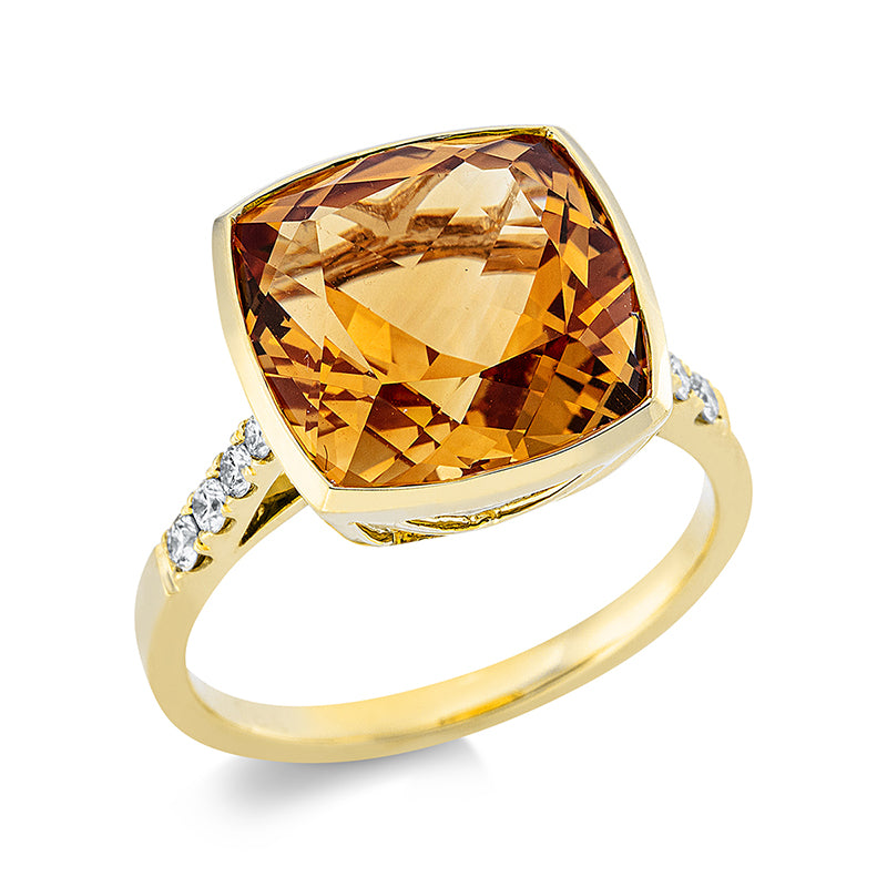 Ring mit Citrin  aus 750/-18 Karat Gelbgold mit 8 Diamanten 0