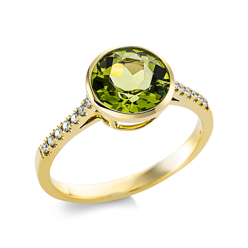 Ring mit Peridot  aus 750/-18 Karat Gelbgold mit 14 Diamanten 0