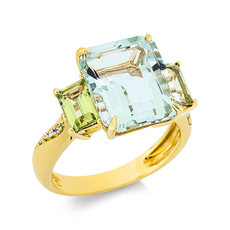 Ring mit Peridot  aus 750/-18 Karat Gelbgold mit 10 Diamanten 0