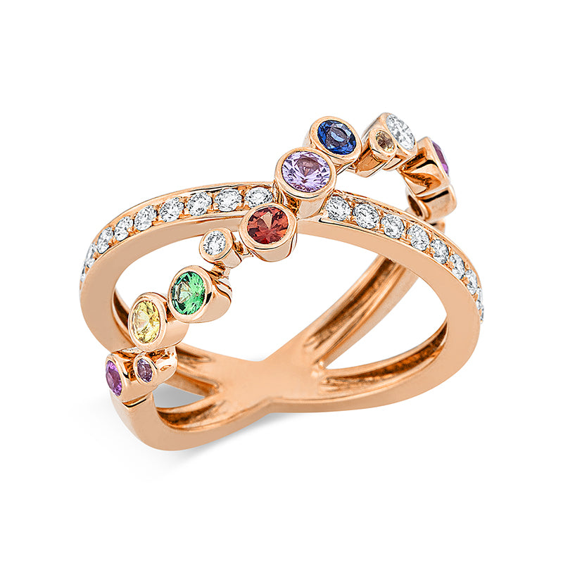 Ring mit Farbstein  aus 750/-18 Karat Rotgold mit 20 Diamanten 0