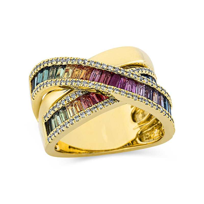 Ring mit Saphir  aus 750/-18 Karat Gelbgold mit 130 Diamanten 0