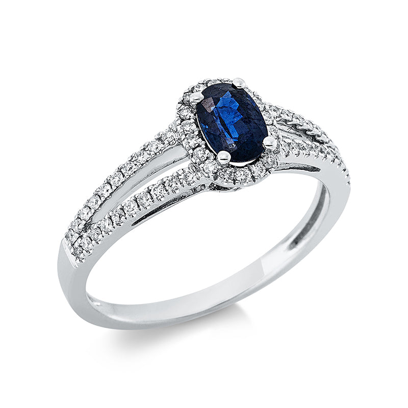 Ring mit Saphir  aus 750/-18 Karat Weißgold mit 58 Diamanten 0