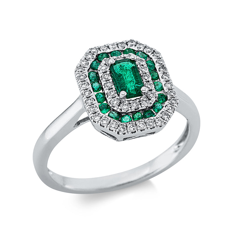 Ring mit Smaragd  aus 750/-18 Karat Weißgold mit 48 Diamanten 0