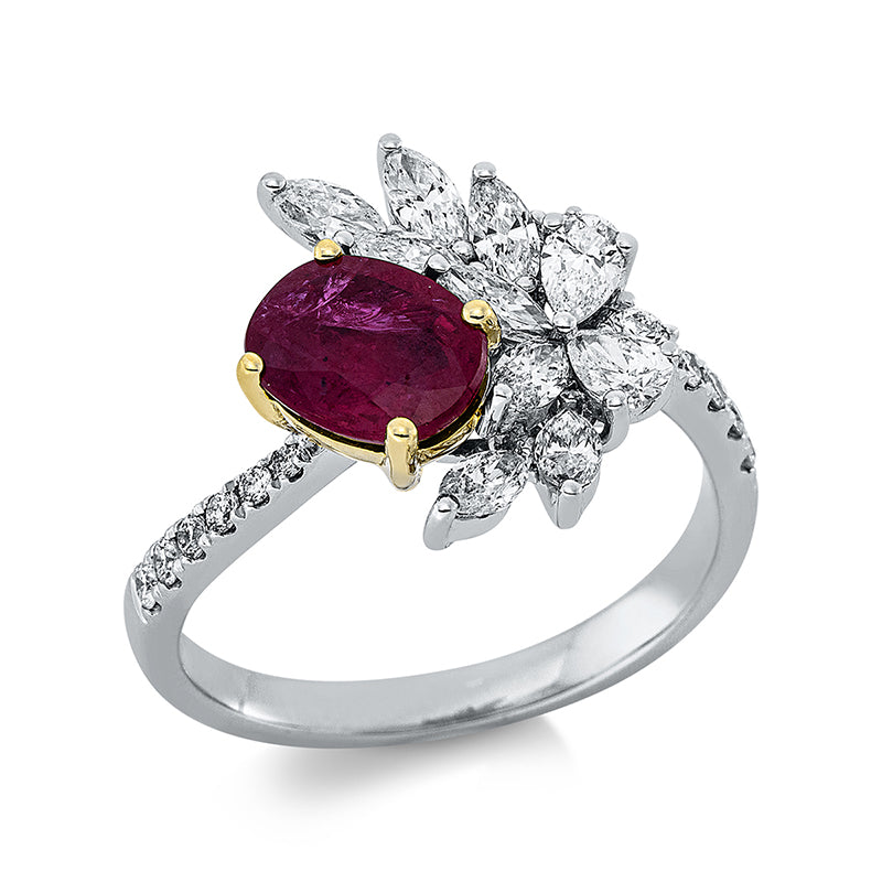 Ring mit Rubin  aus 750/-18 Karat Weißgold / Gelbgold mit 24 Diamanten 0