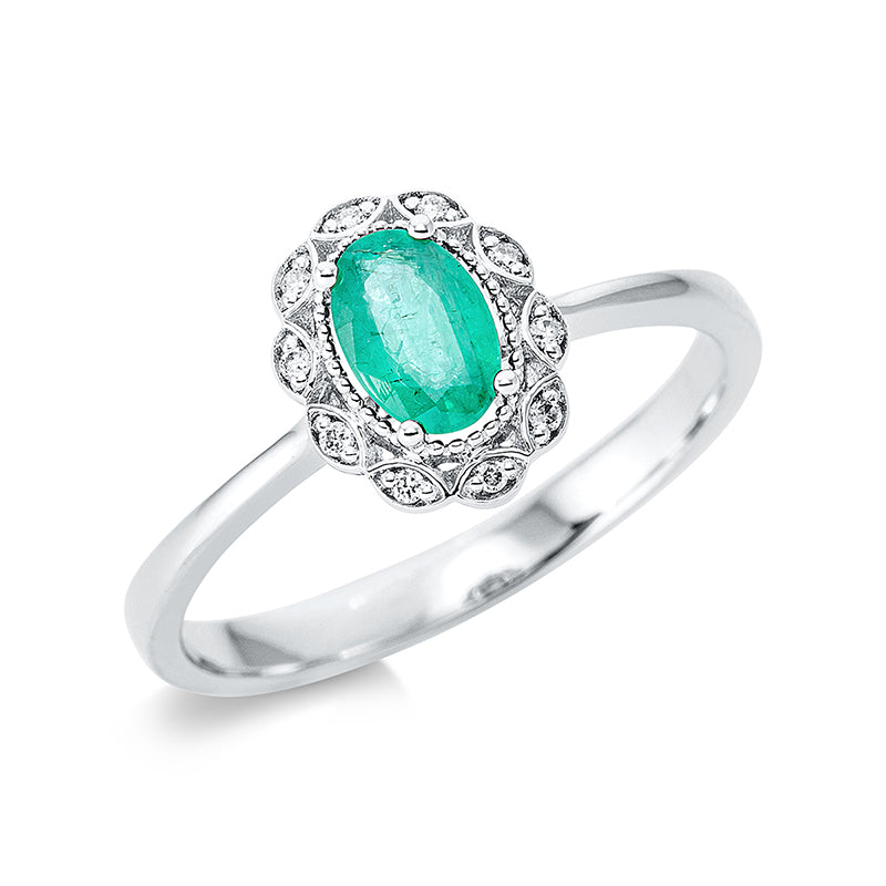Ring mit Smaragd  aus 750/-18 Karat Weißgold mit 10 Diamanten 0