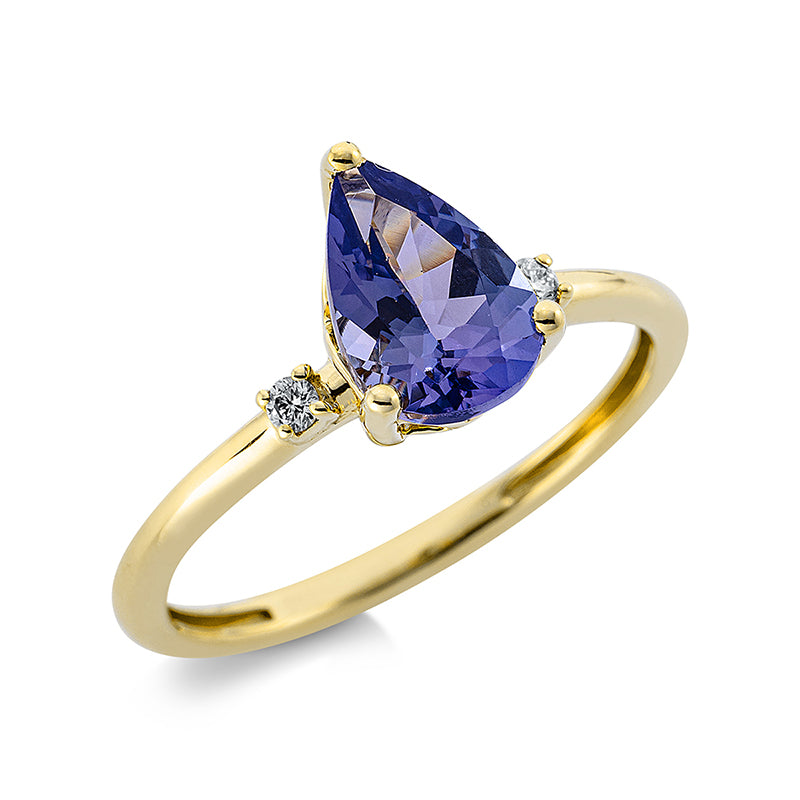Ring mit Tansanit  aus 750/-18 Karat Gelbgold mit 2 Diamanten 0