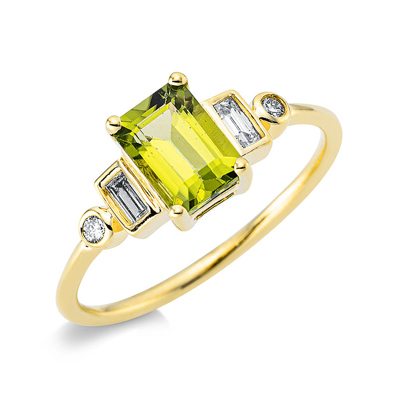 Ring mit Peridot  aus 750/-18 Karat Gelbgold mit 4 Diamanten 0