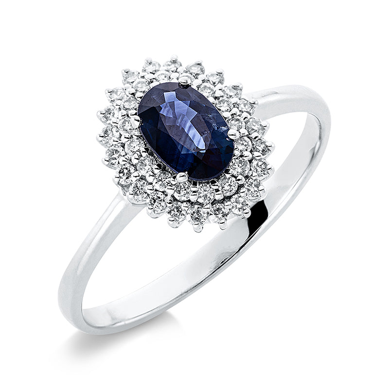 Ring mit Saphir  aus 750/-18 Karat Weißgold mit 38 Diamanten 0