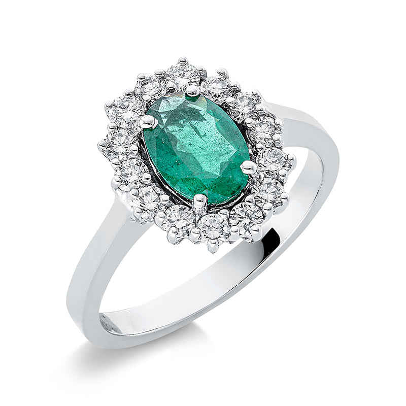 Ring mit Smaragd  aus 750/-18 Karat Weißgold mit 14 Diamanten 0