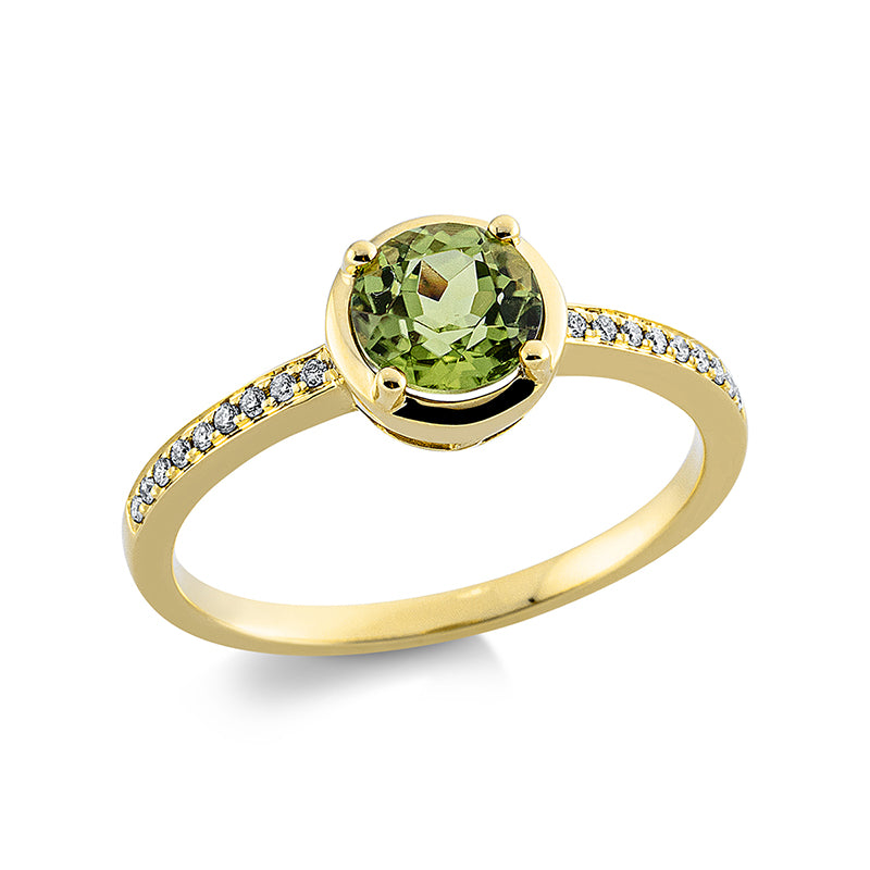 Ring mit Peridot  aus 750/-18 Karat Gelbgold mit 18 Diamanten 0
