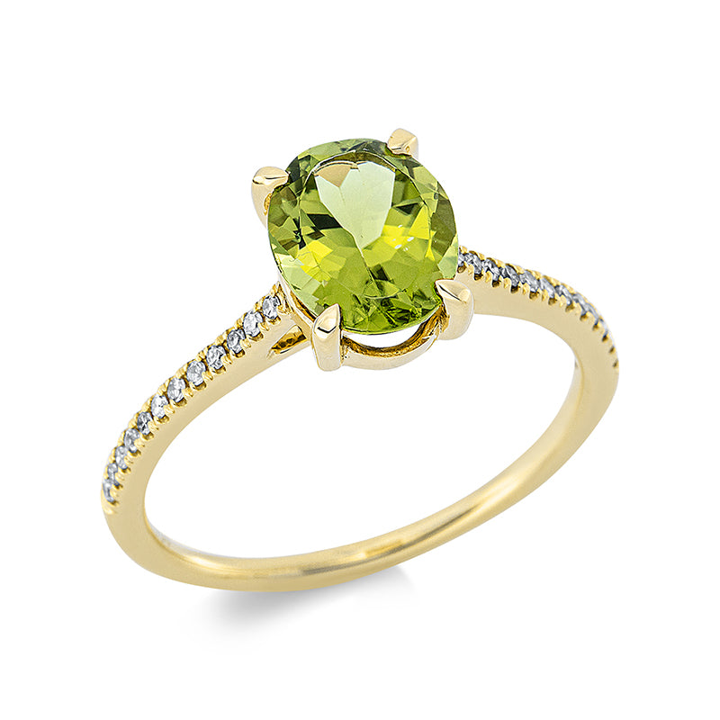 Ring mit Peridot  aus 750/-18 Karat Gelbgold mit 24 Diamanten 0