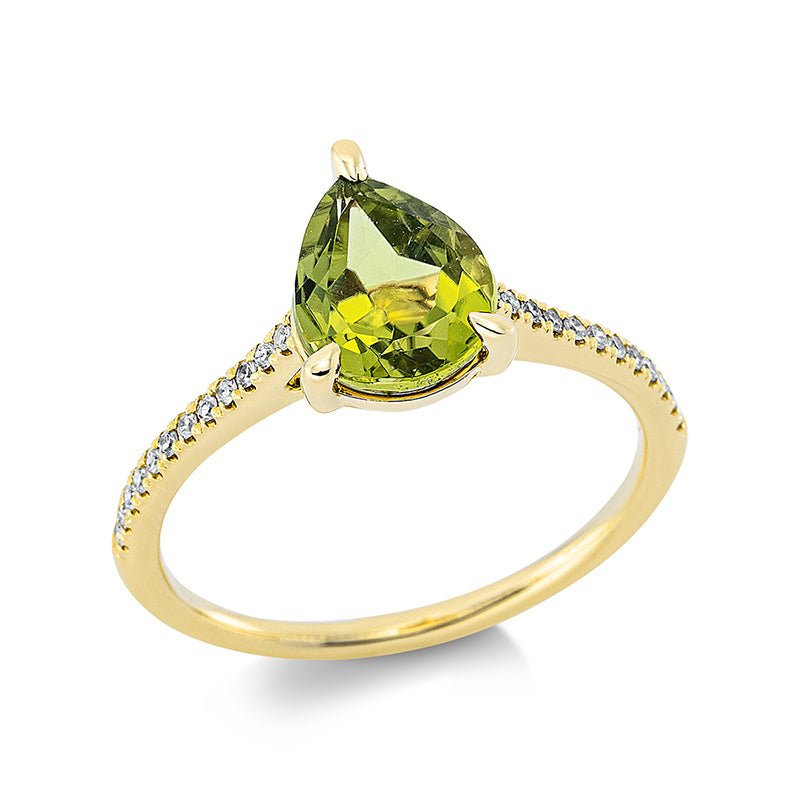 Ring mit Peridot  aus 750/-18 Karat Gelbgold mit 24 Diamanten 0