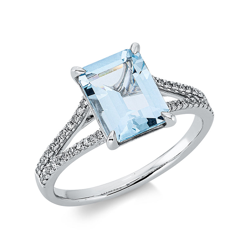 Ring mit Aquamarin  aus 750/-18 Karat Weißgold mit 44 Diamanten 0