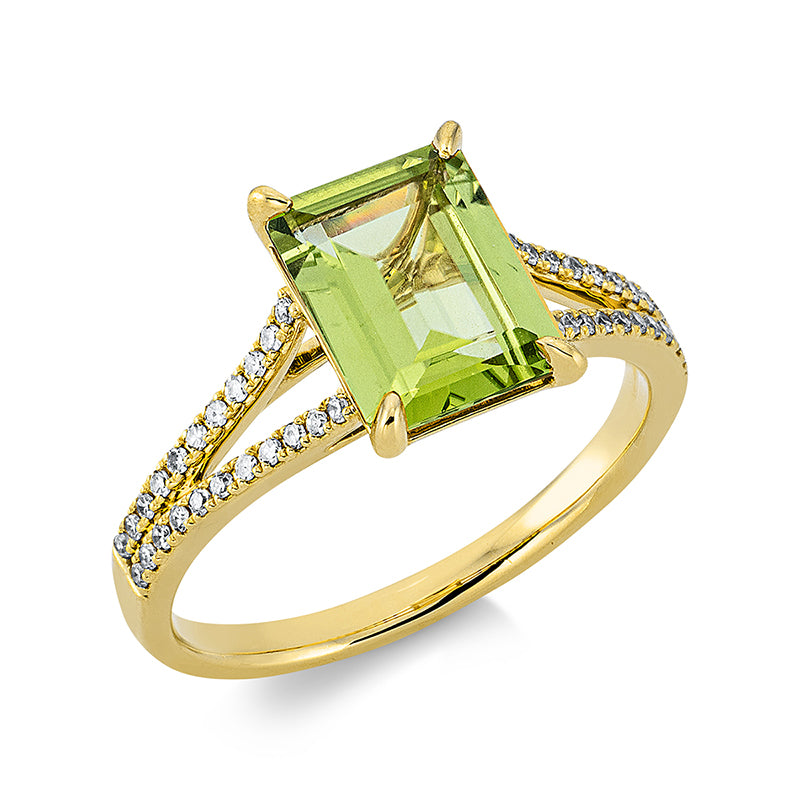 Ring mit Peridot  aus 750/-18 Karat Gelbgold mit 44 Diamanten 0