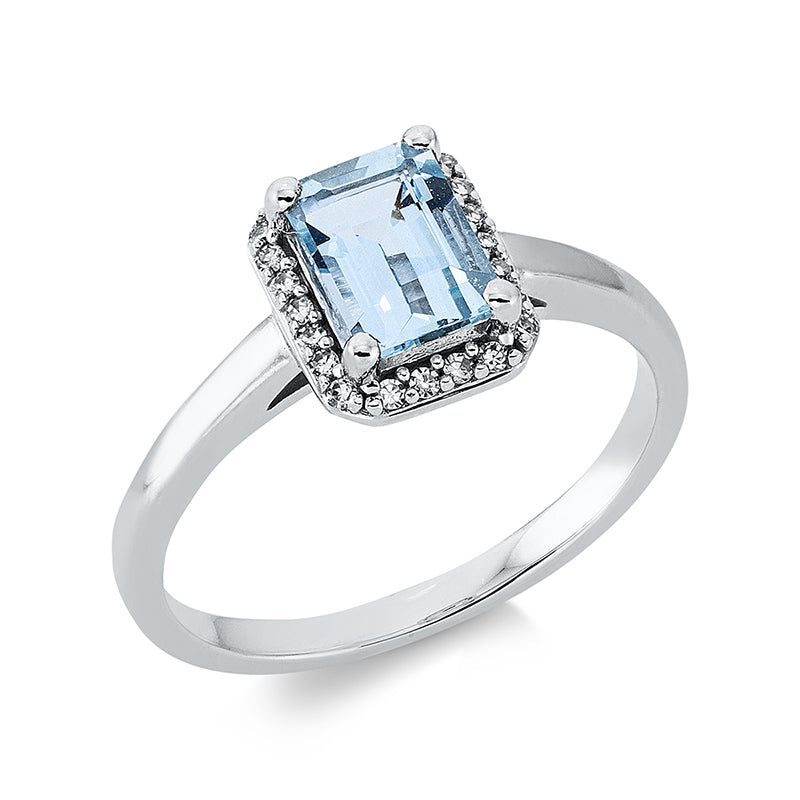 Ring mit Aquamarin  aus 750/-18 Karat Weißgold mit 22 Diamanten 0