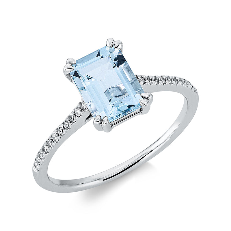 Ring mit Aquamarin  aus 750/-18 Karat Weißgold mit 22 Diamanten 0