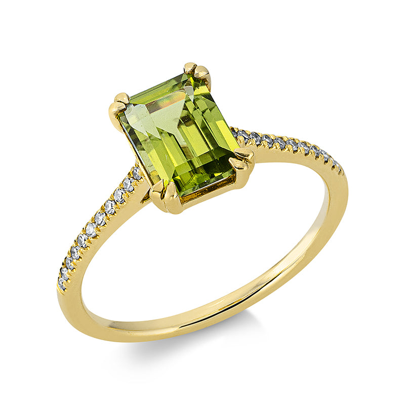Ring mit Peridot  aus 750/-18 Karat Gelbgold mit 22 Diamanten 0
