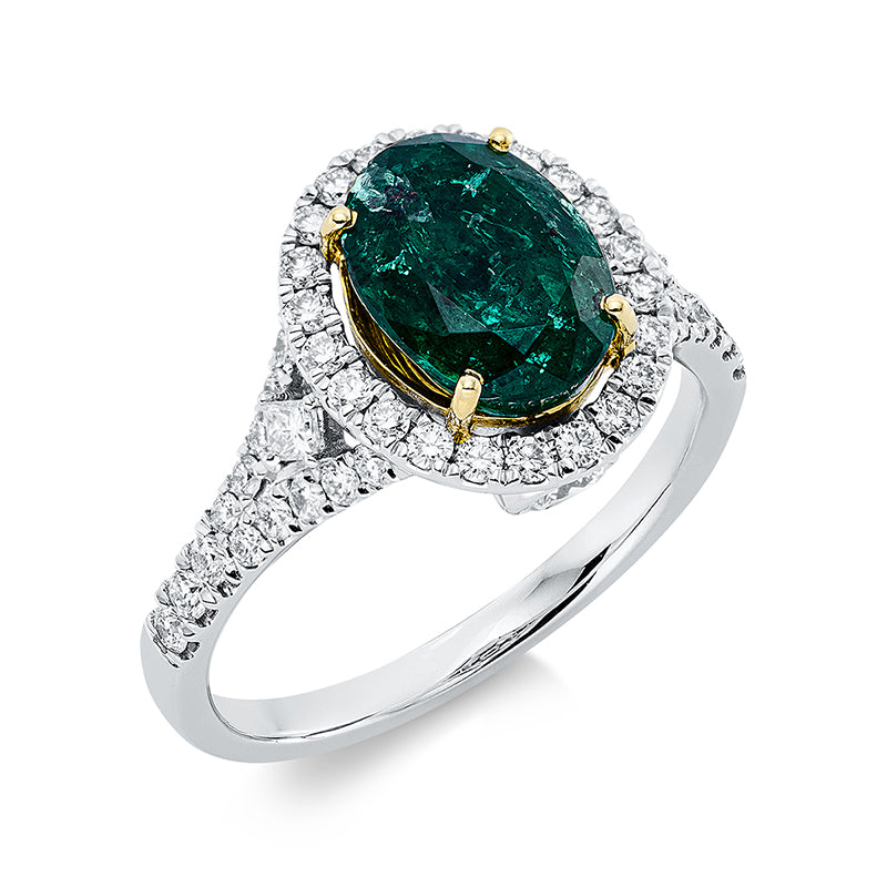 Ring mit Smaragd  aus 750/-18 Karat Weißgold / Gelbgold mit 52 Diamanten 0