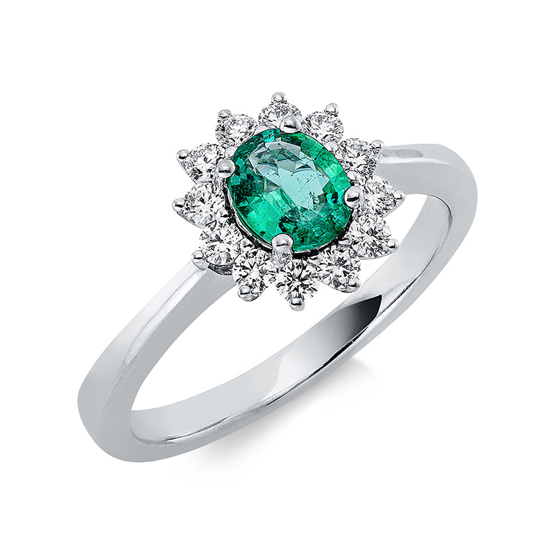 Ring mit Smaragd  aus 750/-18 Karat Weißgold mit 12 Diamanten 0