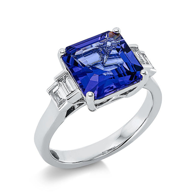 Ring mit Tansanit  aus 750/-18 Karat Weißgold mit 4 Diamanten 0