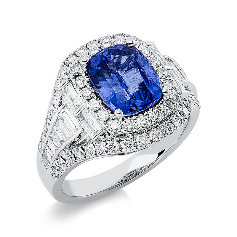 Ring mit Saphir  aus 750/-18 Karat Weißgold mit 74 Diamanten 1