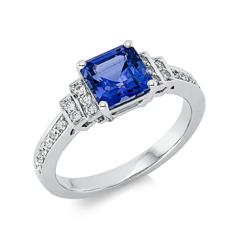 Ring mit Saphir  aus 750/-18 Karat Weißgold mit 22 Diamanten 0