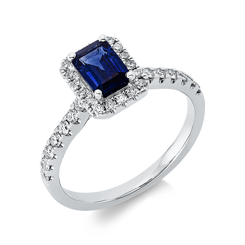 Ring mit Saphir  aus 750/-18 Karat Weißgold mit 32 Diamanten 0