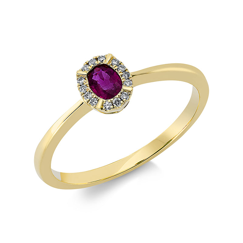Ring mit Rubin  aus 750/-18 Karat Gelbgold mit 14 Diamanten 0