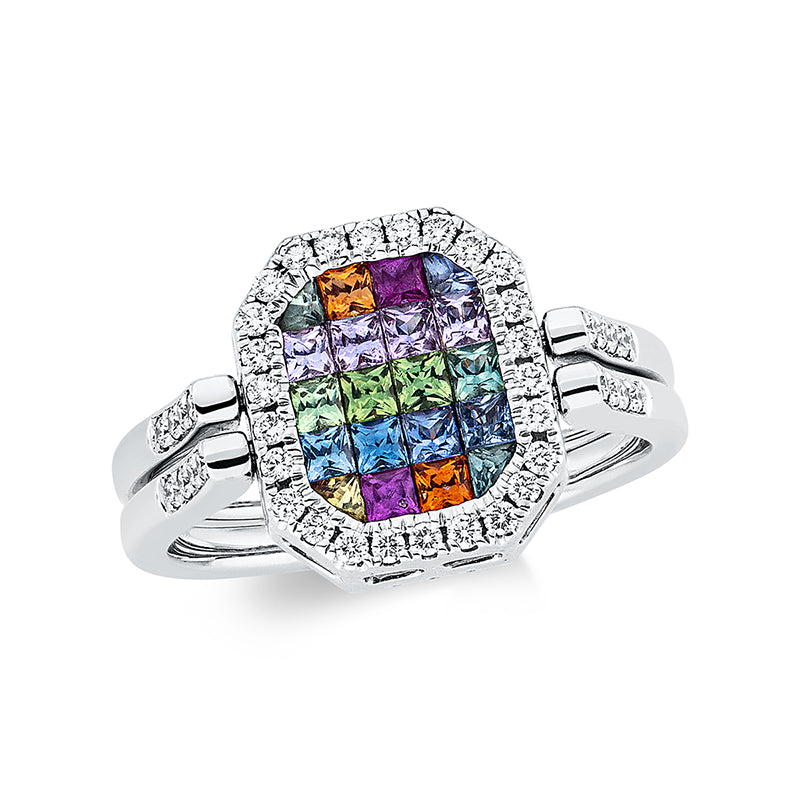 Ring mit Saphir  aus 750/-18 Karat Weißgold mit 97 Diamanten 0