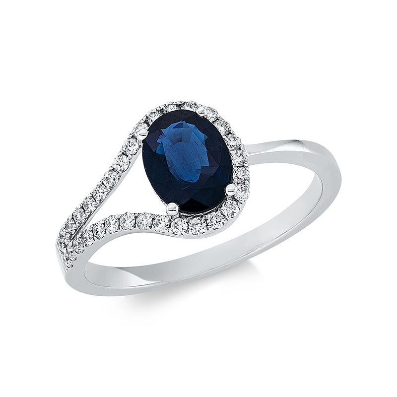 Ring mit Saphir  aus 750/-18 Karat Weißgold mit 32 Diamanten 0