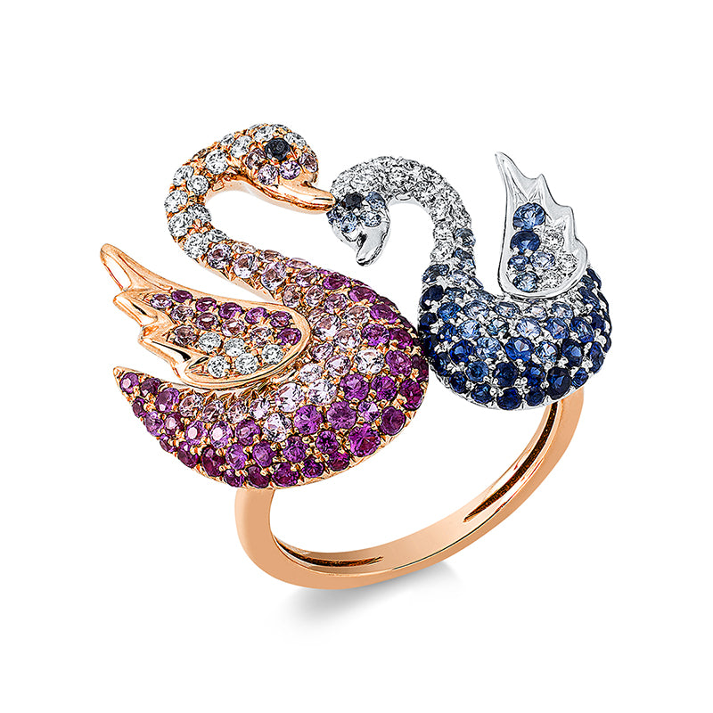 Ring mit Saphir  aus 750/-18 Karat Rotgold / Weißgold mit 49 Diamanten 0
