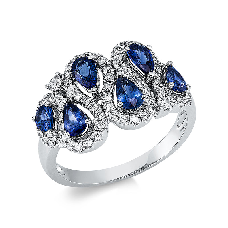 Ring mit Saphir  aus 750/-18 Karat Weißgold mit 65 Diamanten 0