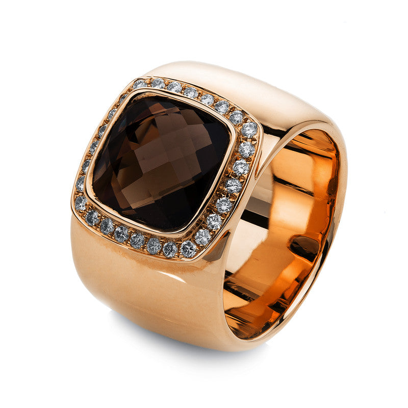 Ring mit Rauchquarz  aus 750/-18 Karat Rotgold mit 28 Diamanten 0