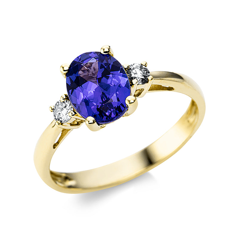 Ring mit Tansanit  aus 585/-14 Karat Gelbgold mit 2 Diamanten 0