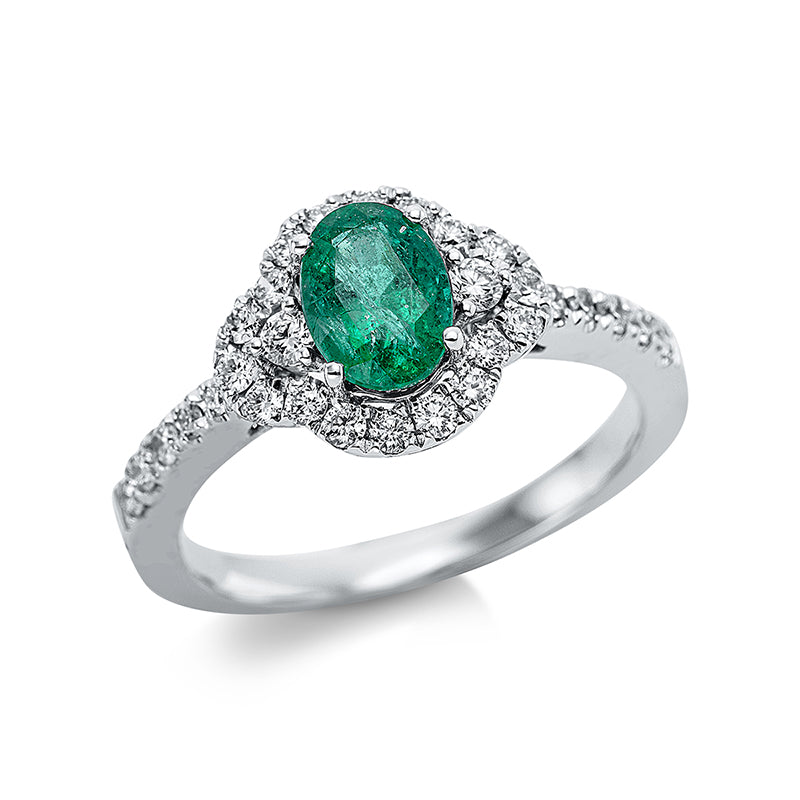 Ring mit Smaragd  aus 750/-18 Karat Weißgold mit 30 Diamanten 0