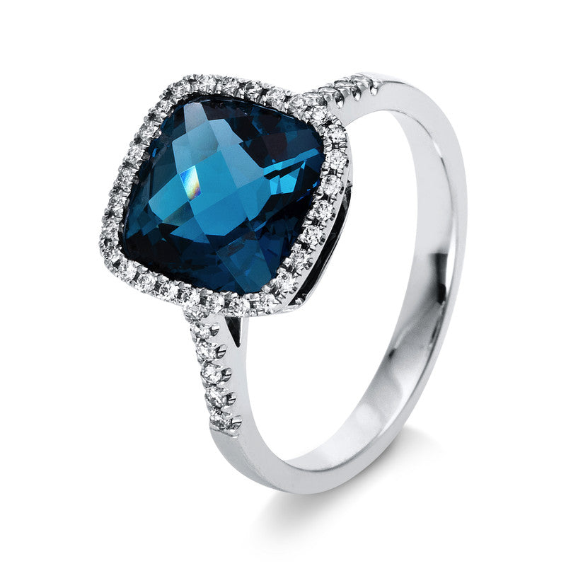 Ring mit Blautopas  aus 750/-18 Karat Weißgold mit 40 Diamanten 0